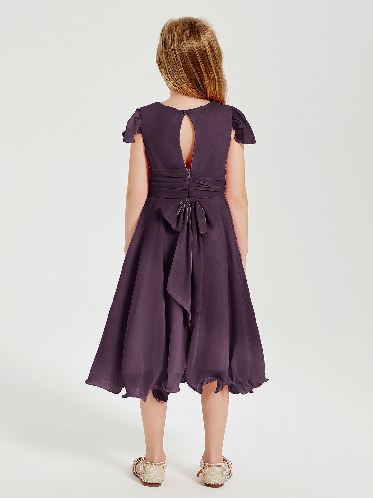 Chiffon Tea Length Junior Bridesmaid Dresses Plum